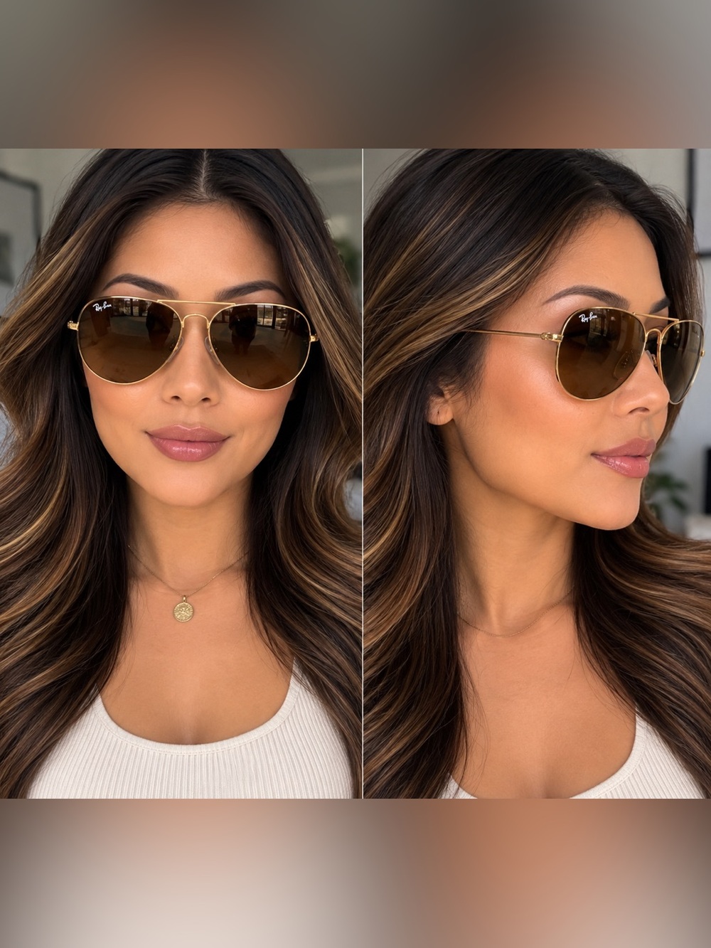 Ray-Ban Women's Gold Frame Sunglasses with Brown Lenses